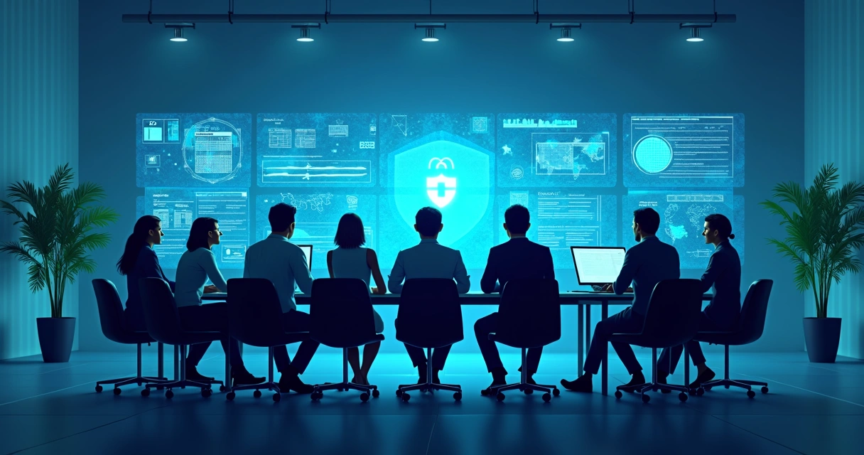 Equipe de suporte monitorando painéis digitais de segurança 