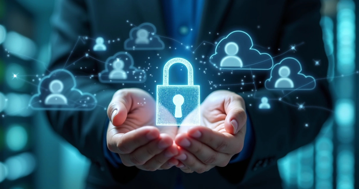 Pessoa protegendo dados com cadeado digital na nuvem 