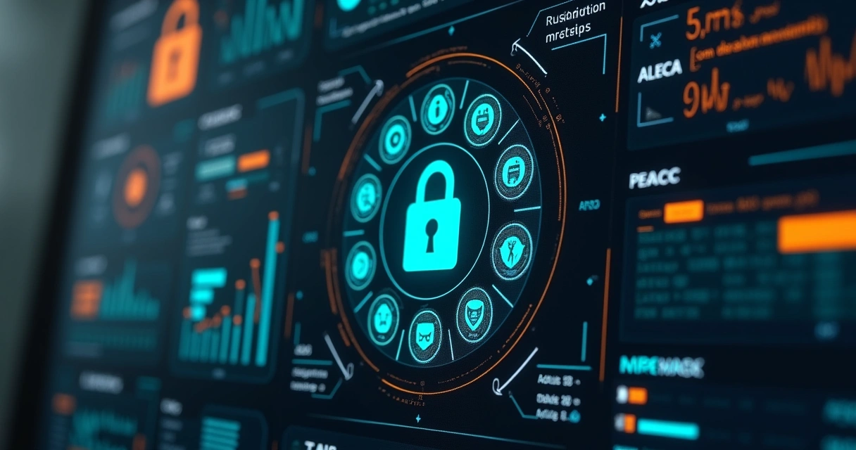 Interface digital com cadeado e gráficos de análise de segurança digital 