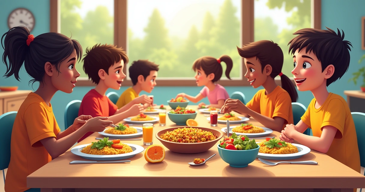 Crianças partilham uma refeição escolar nutritiva e colorida em um refeitório. 