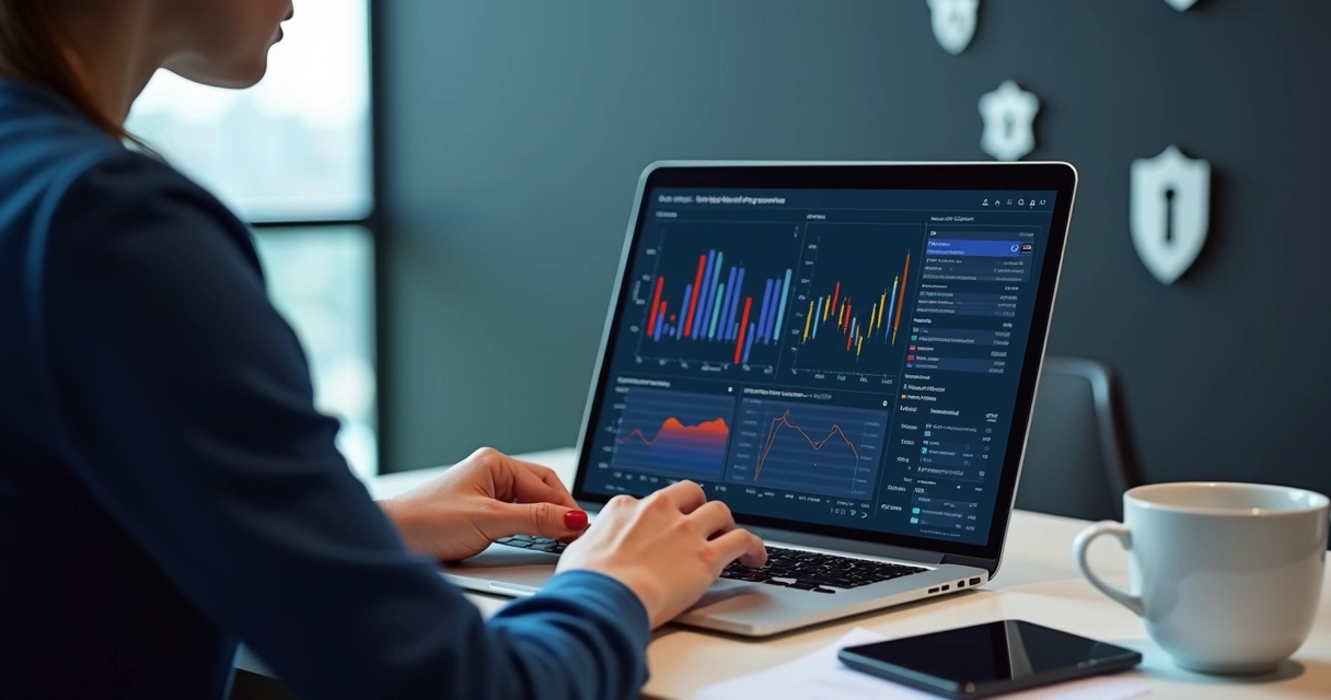 Painel de análises antifraude em e-commerce na tela de um laptop, gráficos coloridos em destaque, ambiente de trabalho organizado 