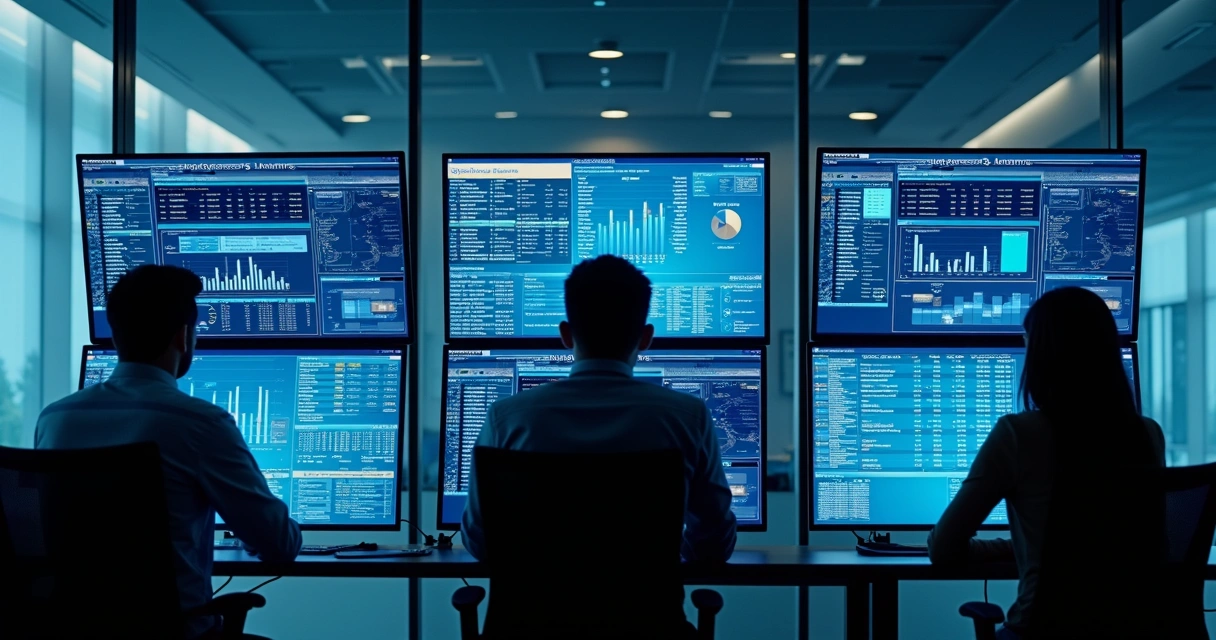 Mesa de operações com telas exibindo dados de empresas e gráficos, equipe olhando atenta as informações.