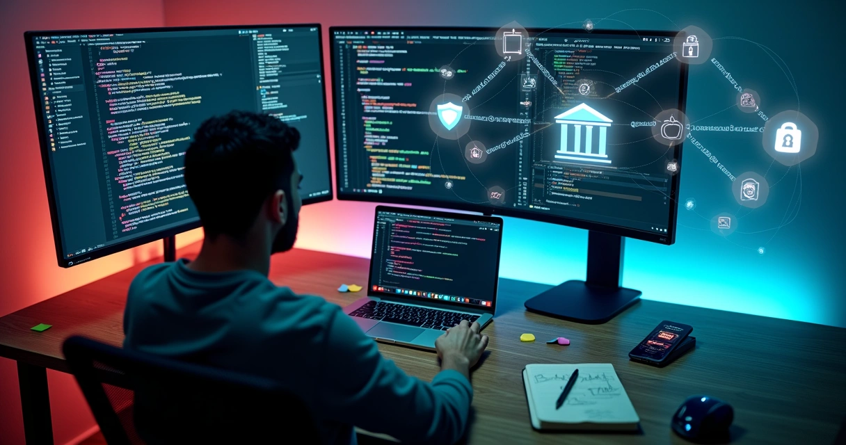 Desenvolvedor ajustando conexão segura entre aplicativo financeiro e banco 