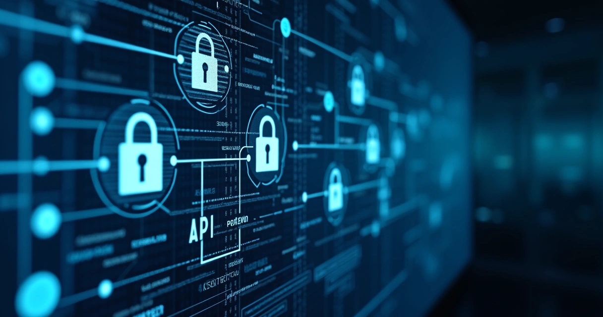 Painel demonstrando níveis de segurança em APIs bancárias, símbolos de cadeado e criptografia 