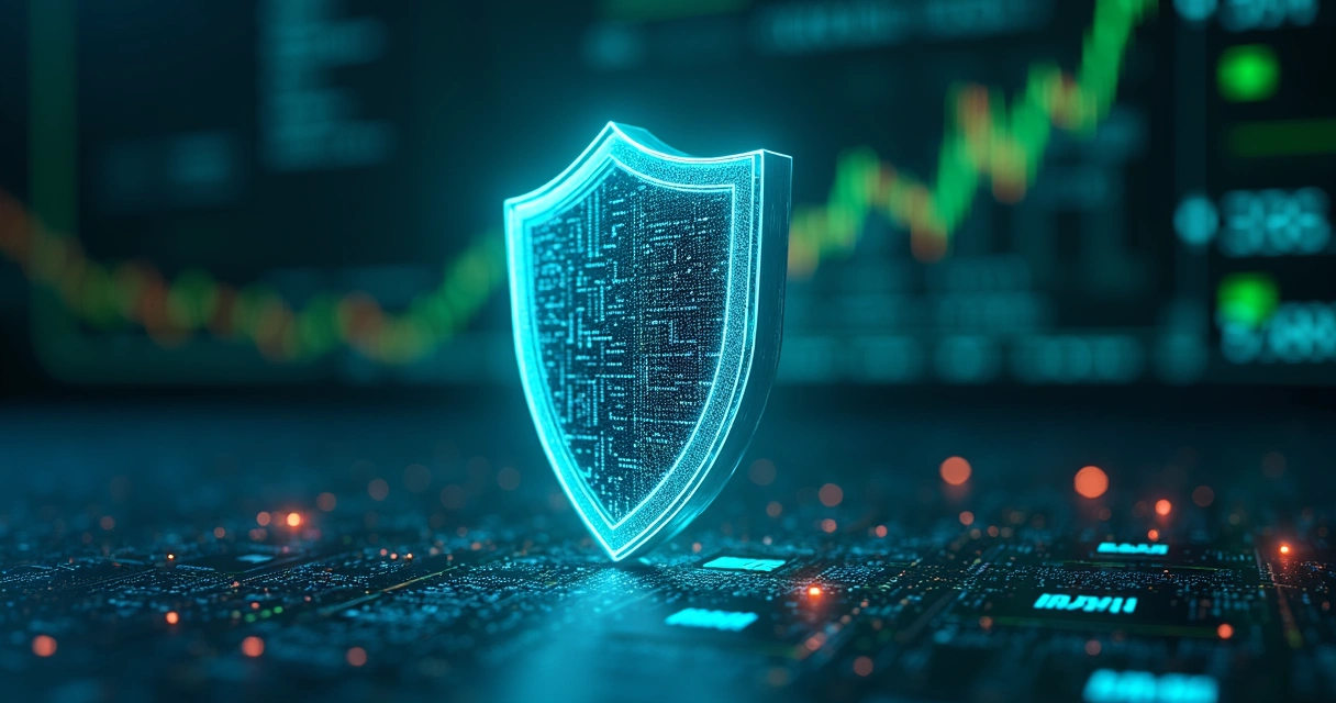 Ilustração de um escudo digital diante de códigos e gráficos financeiros