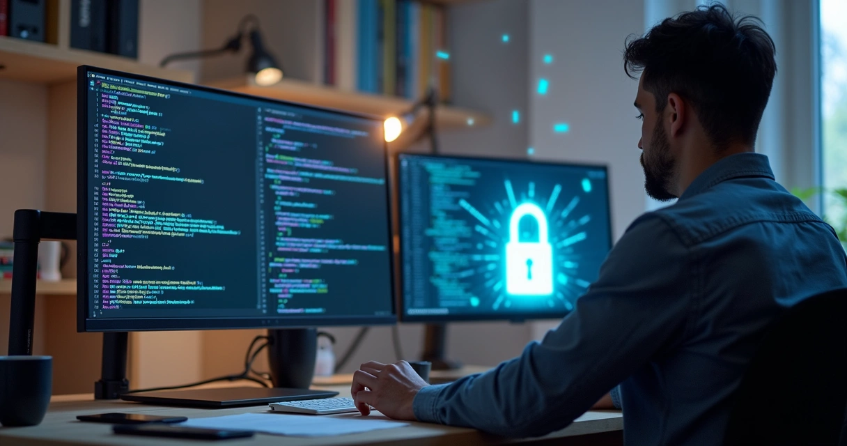 Desenvolvedor olhando tela com códigos de API e cadeado digital ao lado 