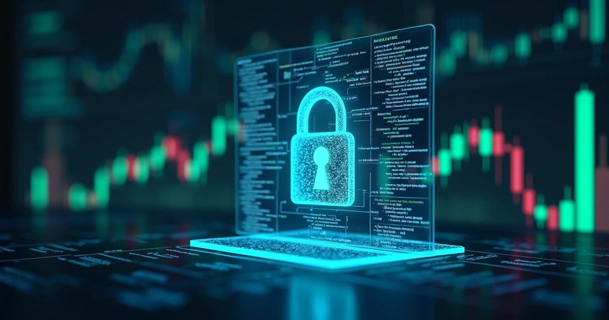 Interface digital exibindo código de API e cadeado de segurança com gráficos de criptomoedas ao fundo 