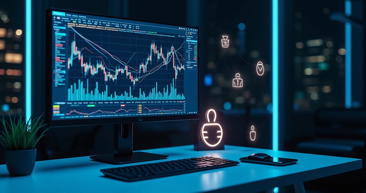 Computador com tela mostrando gráficos financeiros e códigos de segurança API em destaque 