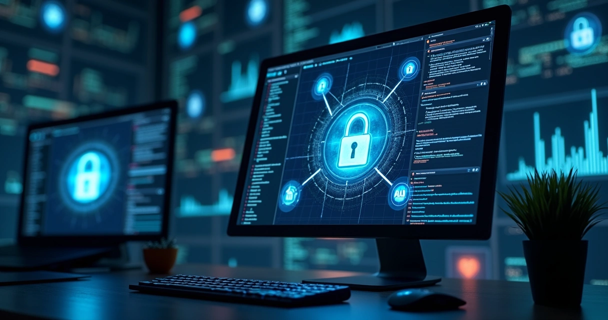 Tela de computador exibindo código de API com gráficos de segurança de dados e cadeado digital 