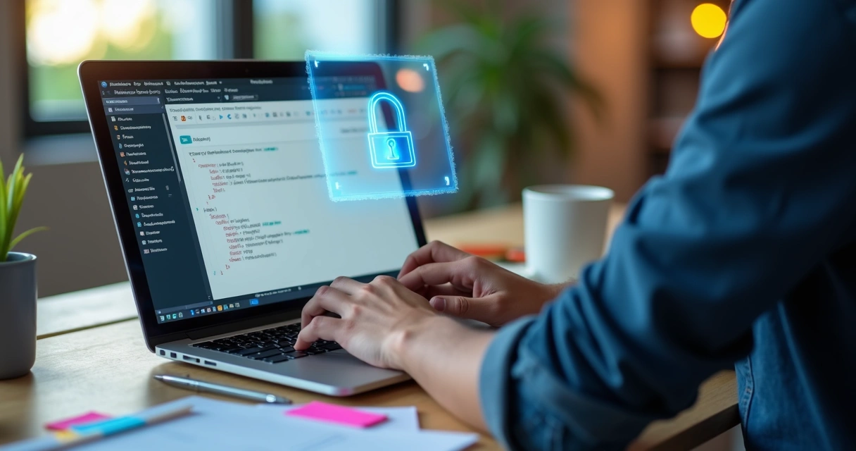 Desenvolvedor trabalhando concentrado na configuração de API no-code em notebook moderno
