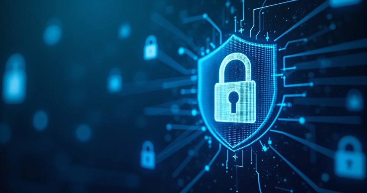 Ilustração de segurança em transações de API de pagamentos digitais, ícones de cadeado e escudo com fundos azuis. 