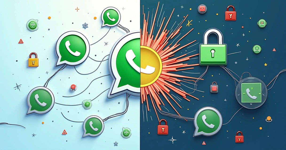 Comparação de sistemas seguros e inseguros lado a lado, com cadeados e alertas de perigo 