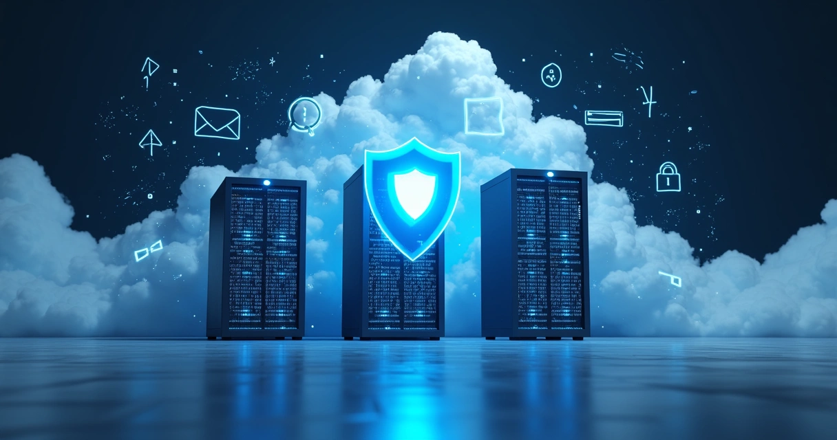 Ilustração de segurança de aplicações em nuvem com escudo digital sobre servidores virtuais