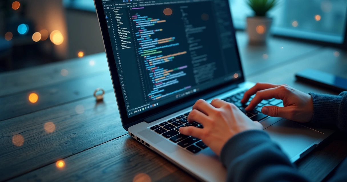 Mãos programando código em notebook com ícones de cadeado na tela