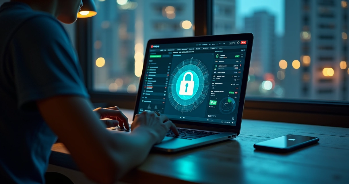 Pessoa usando notebook com site de apostas protegido por cadeado digital 