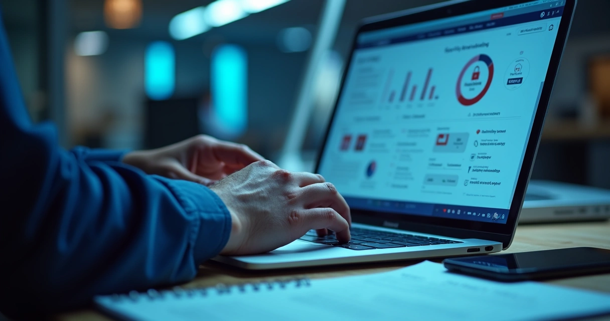 Desenvolvedor ajustando configurações de segurança em tela de app no computador 