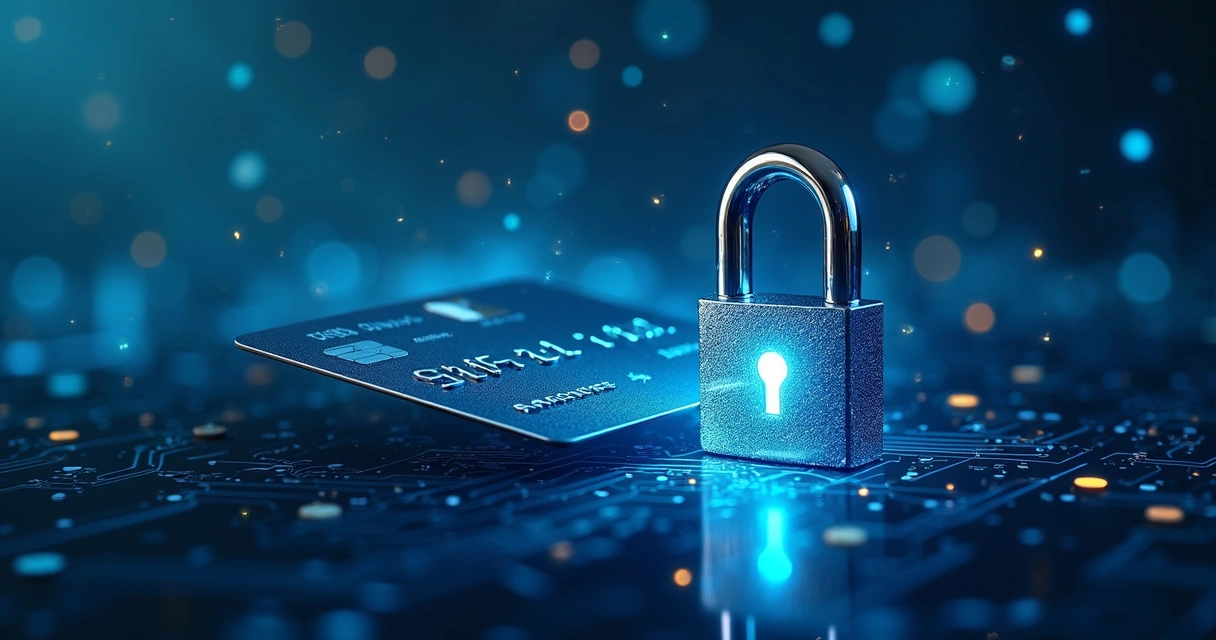Ilustração de segurança digital com cadeado e cartão de crédito estilizado 