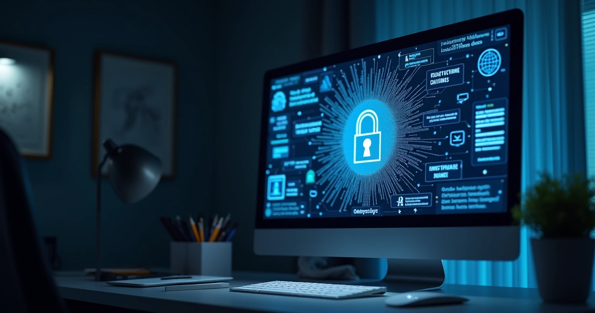 Computador em um escritório moderno com gráficos de segurança de dados e ícones de proteção de nuvem.