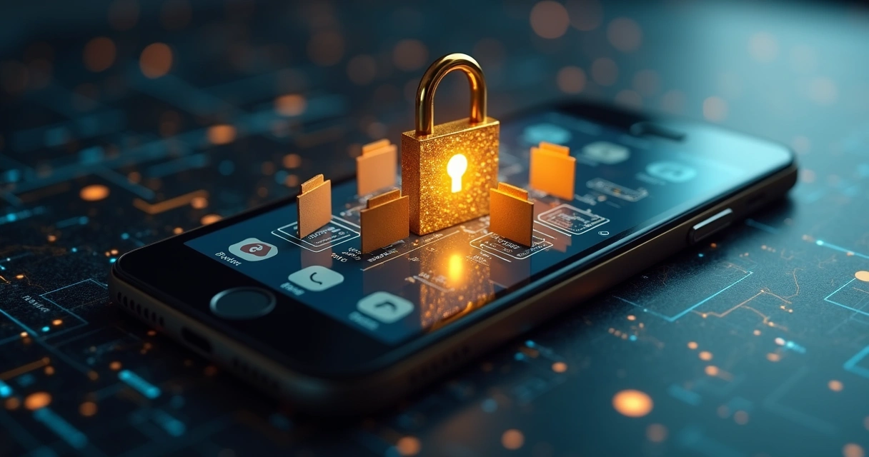 Smartphone exibindo cadeado dourado em cima do banco de dados 