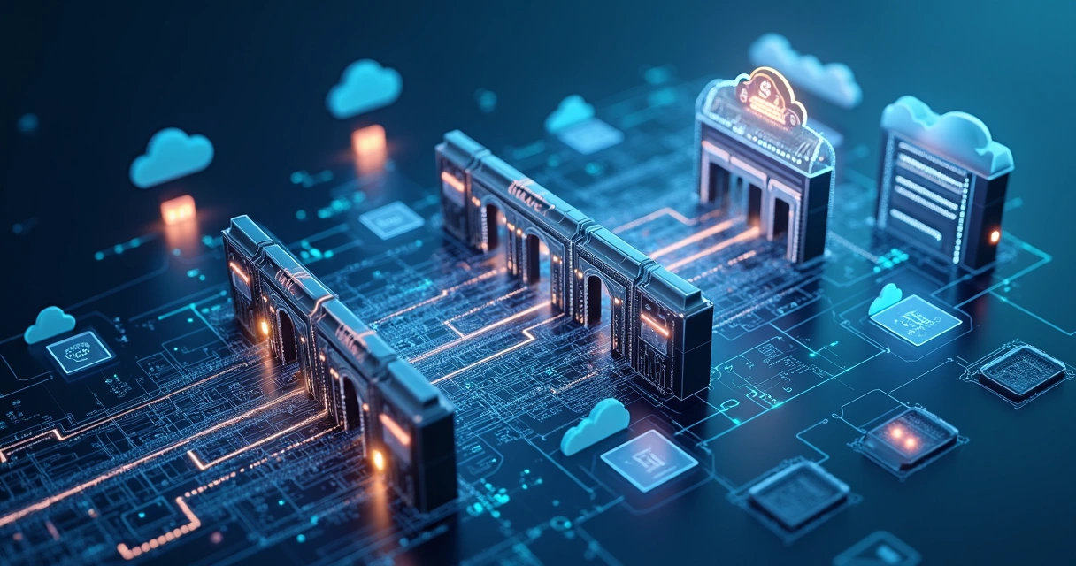 Ilustração de uma arquitetura de segurança com vários níveis de verificação digital e conexões de dados isoladas 