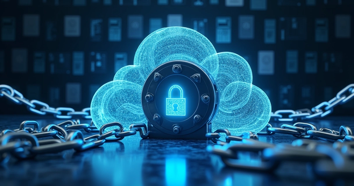 Representação de criptografia e segurança de arquivos na nuvem, com cadeado digital 