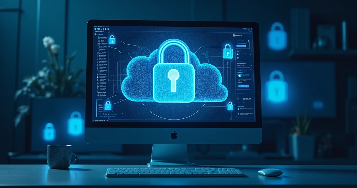 Símbolo de cadeado digital em tela de computador representando segurança de arquivos 