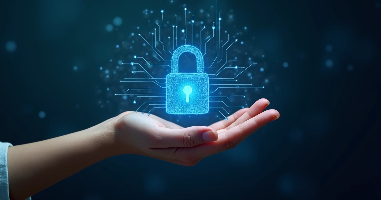 Mão segurando símbolo digital de cadeado sobre fundo preto 