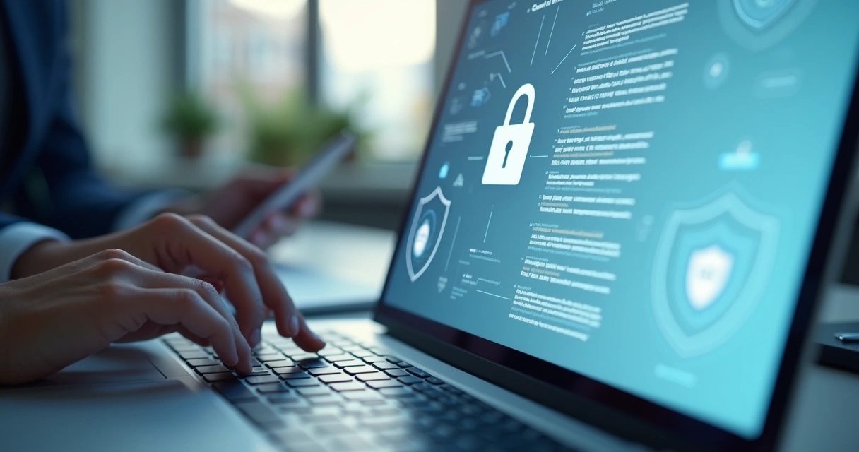 Pessoa analisando documento digital em tela de computador, ressaltando segurança criptográfica 
