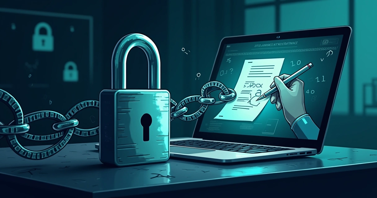 Ilustração de segurança em assinaturas digitais, mostrando um cadeado digital e um contrato holográfico.