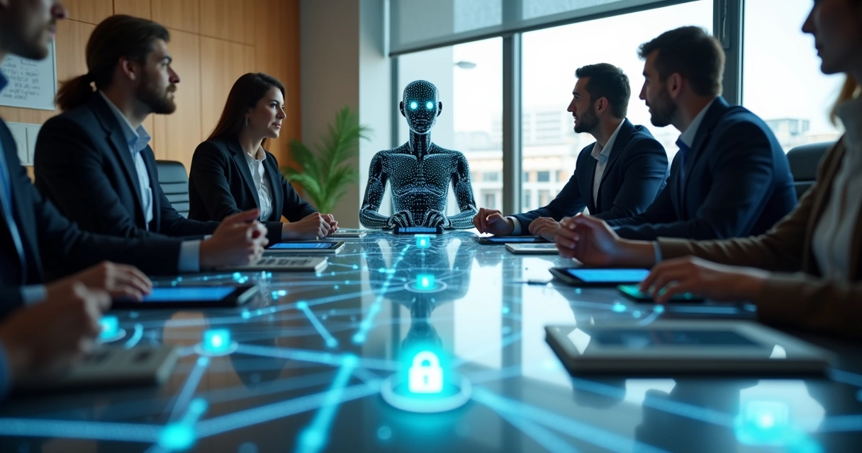 Assistente digital imobiliário em mesa de reunião com gráficos mostrando fluxos de dados privados