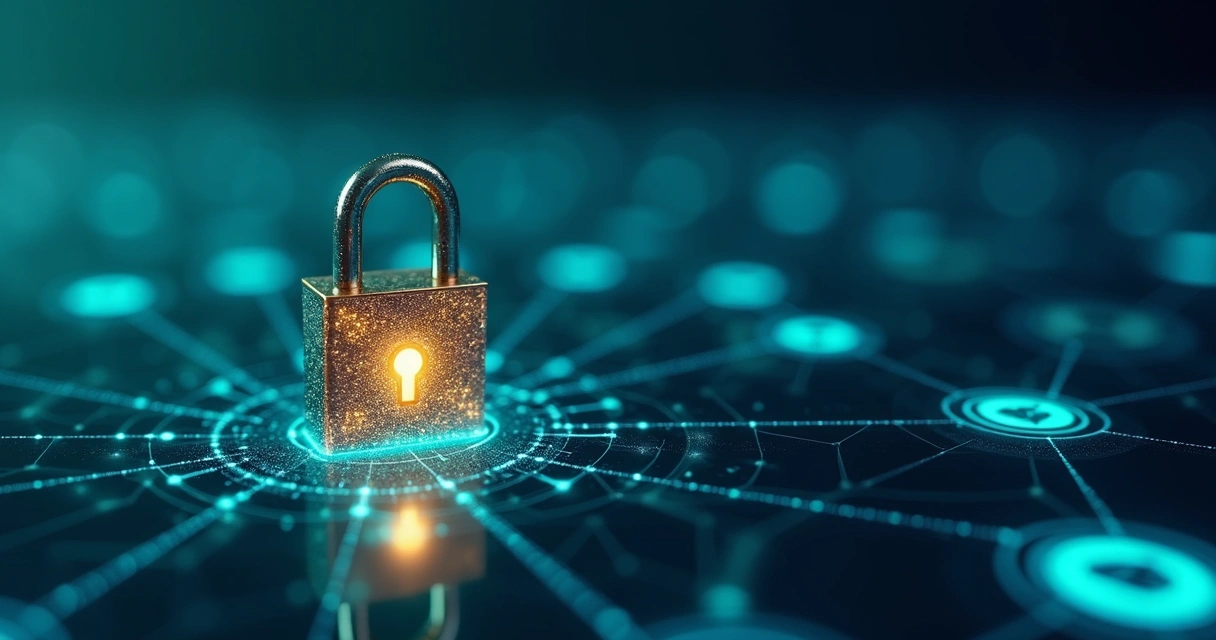 Cadeado digital sobre conexões de dados entre sistemas empresariais representando segurança em APIs 