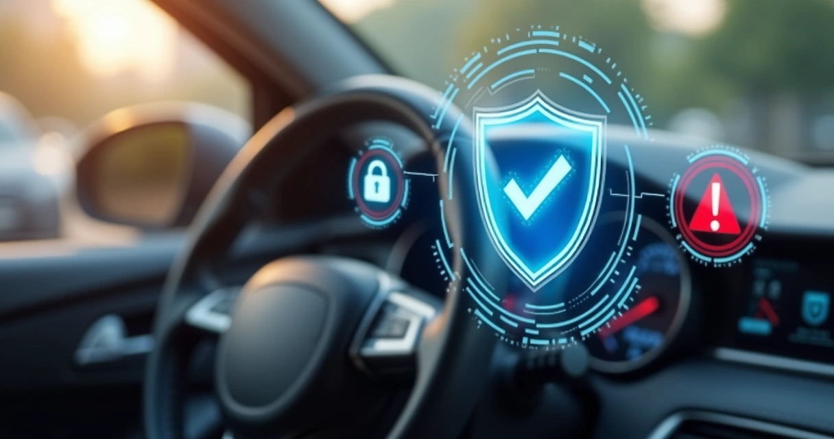 Carro estacionado com cadeado visível e ícones de escudo de segurança e alerta de furto e roubo ao fundo 