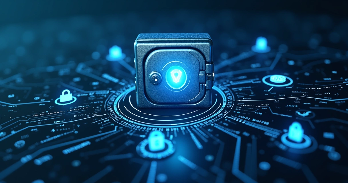 Ilustração de cofre digital com símbolos de segurança envolvendo dados financeiros 