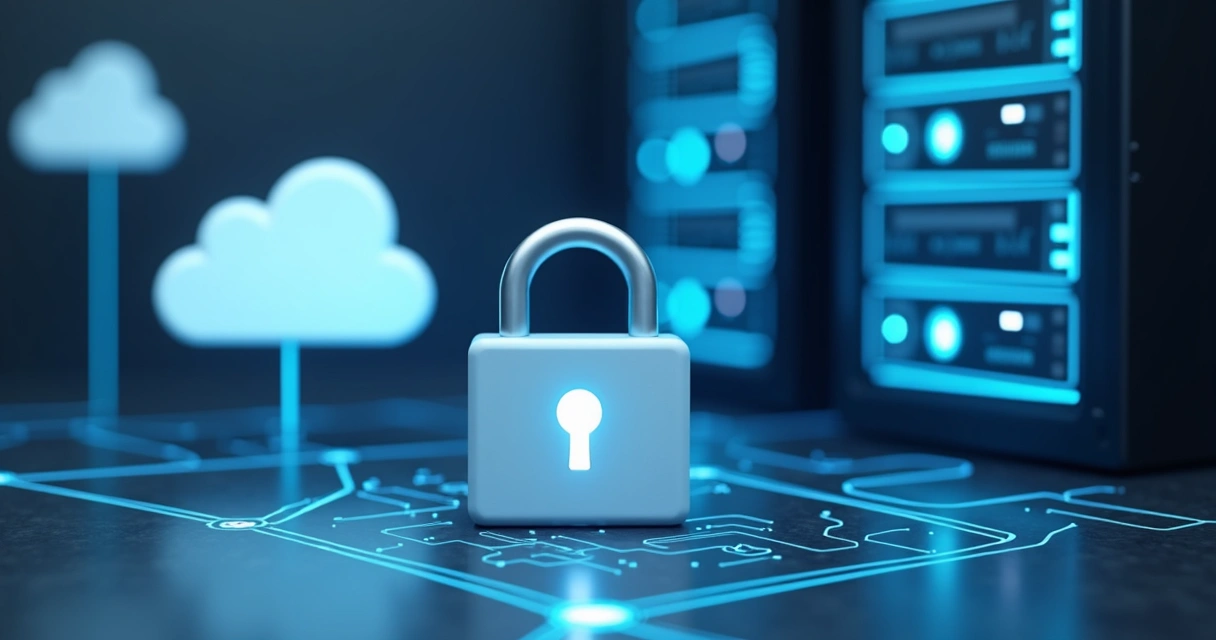 Ícones representando segurança digital com cadeado, nuvem e servidor 