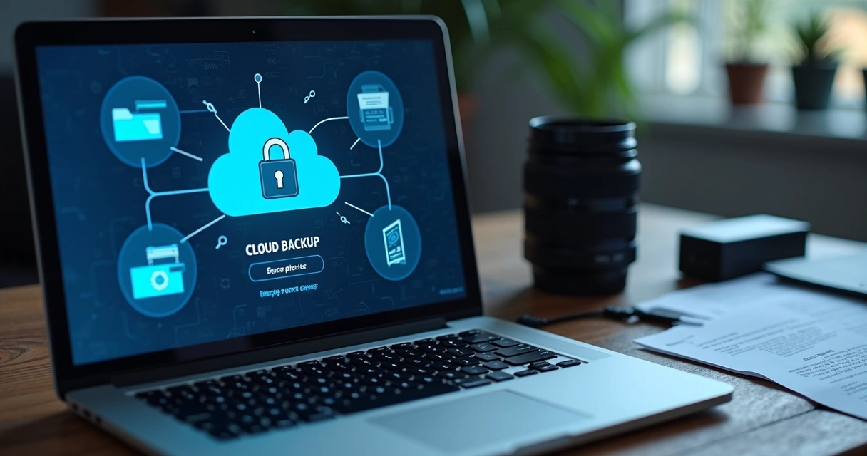 Tela com cadeado digital e arquivos em nuvem protegidos 