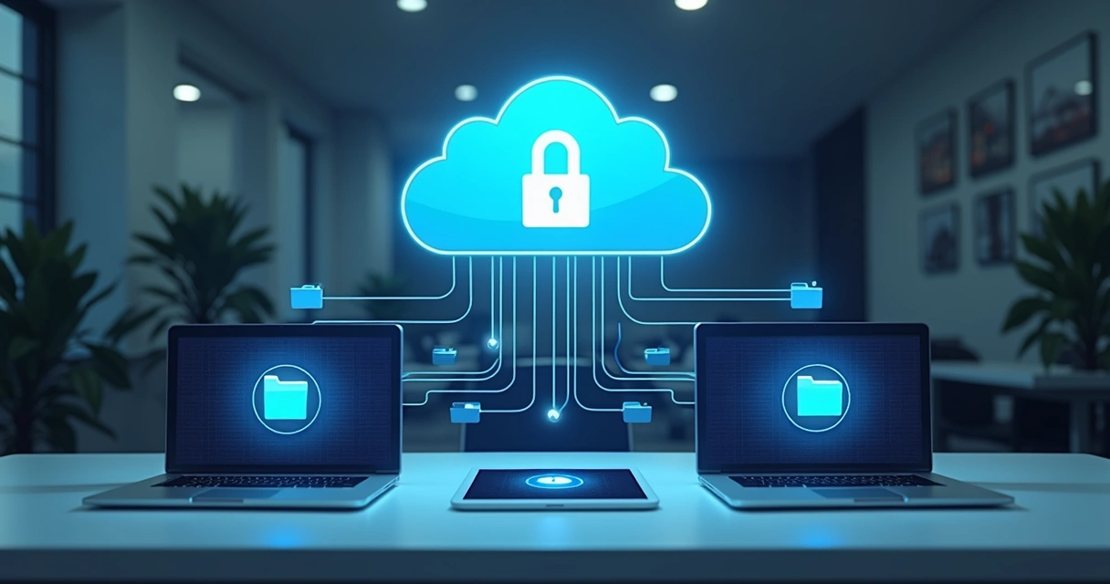 Representação gráfica de backup em nuvem com computadores e cadeado digital 