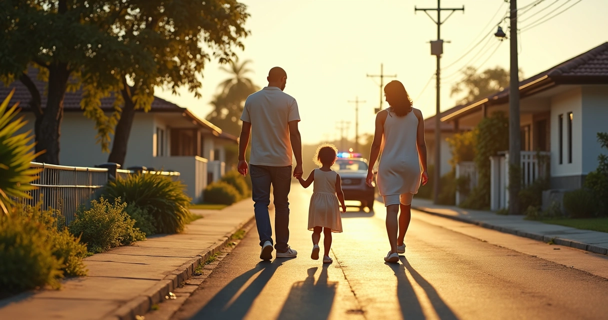 Família caminhando em ruas seguras de bairro residencial 