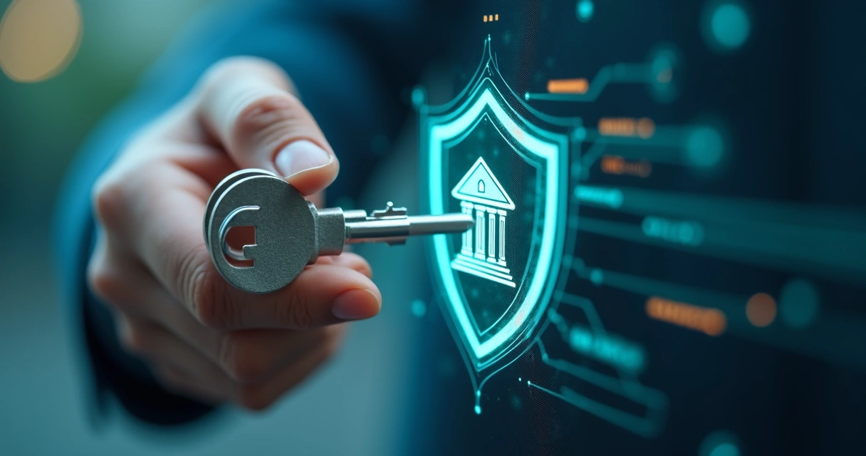 Mão com chave protegendo ícone de banco digital