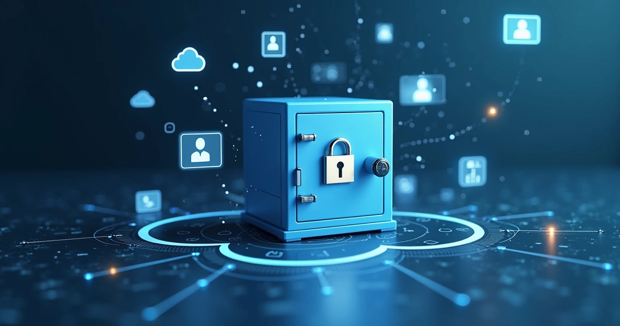 Cofre digital estilizado com símbolos de cadeado e dados flutuando ao redor, representando segurança de bancos de dados.