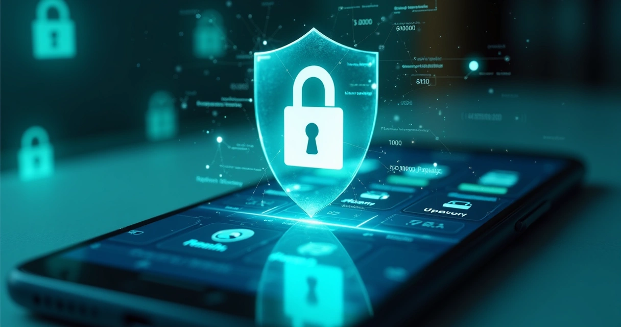Escudo transparente sobre tela de celular mostrando app bancário 