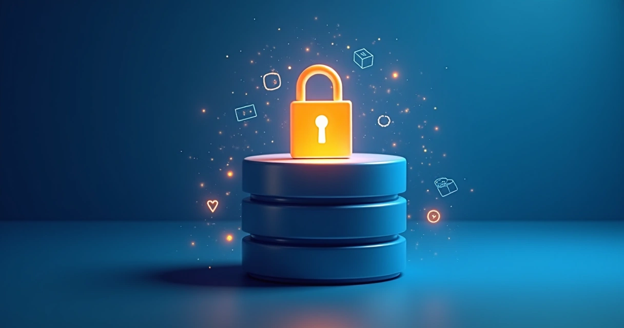Ícone de cadeado sobre um banco de dados digital com fundo azul 