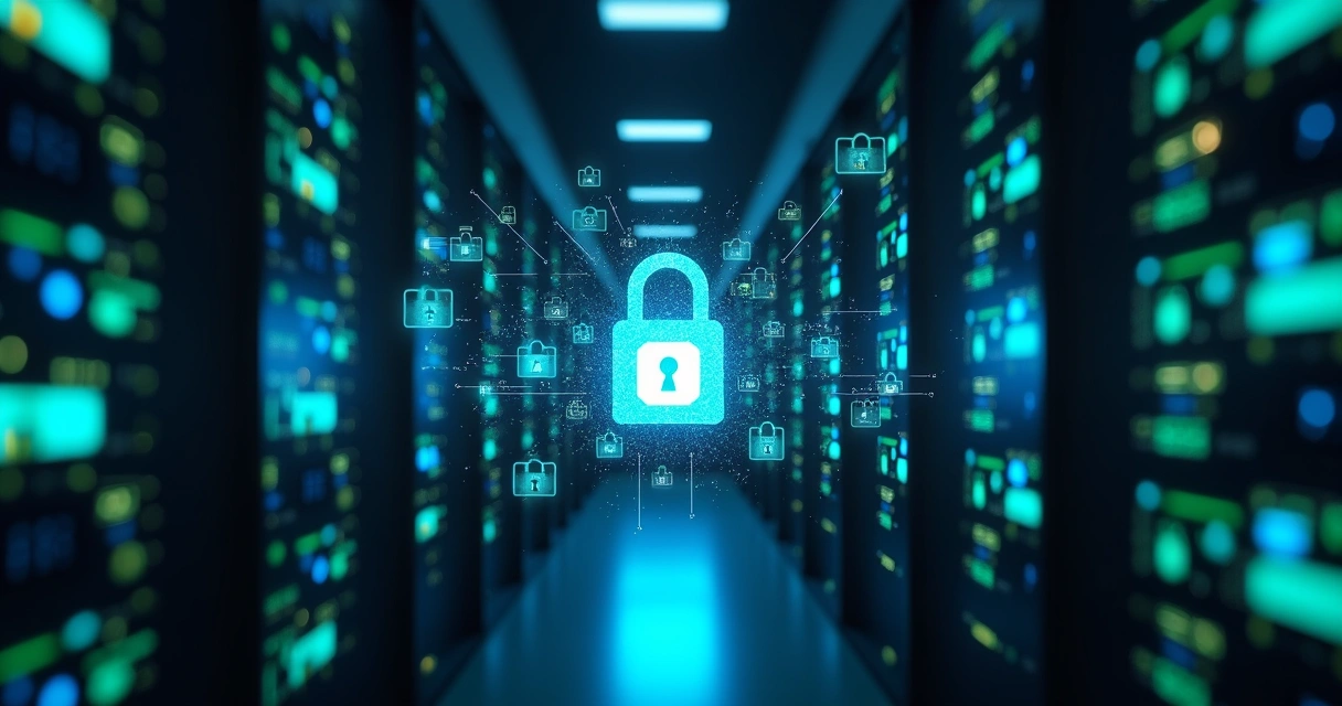 Servidor corporativo trancado com cadeado digital e sinais de proteção 