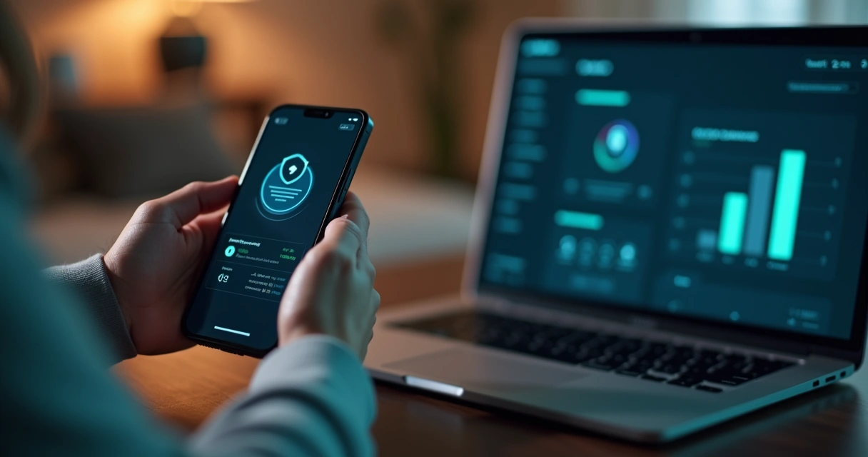 Profissional de bem-estar adulto usando aplicativo seguro em smartphone em ambiente discreto 