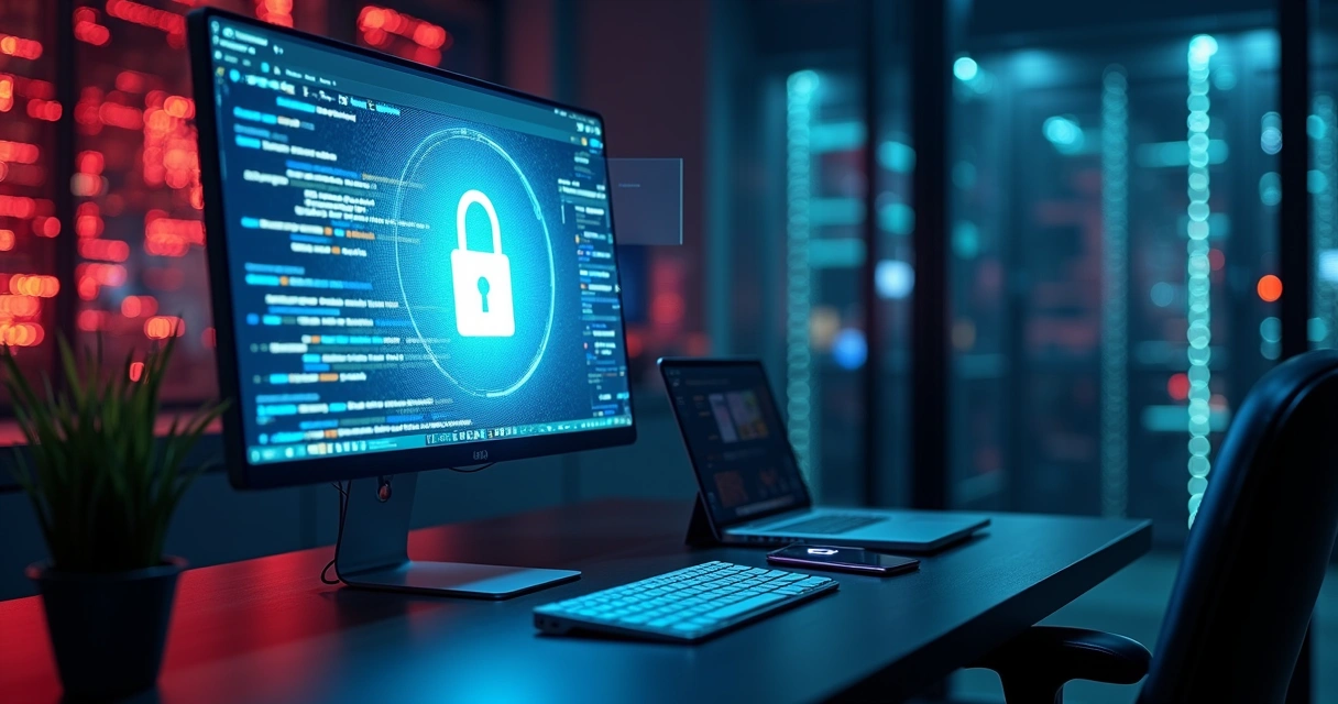 Tela de computador com blog e escudo digital protegendo contra invasores virtuais 