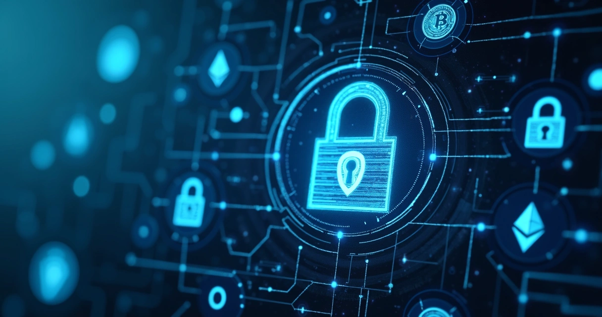 Interface digital com ícones de segurança e criptomoedas