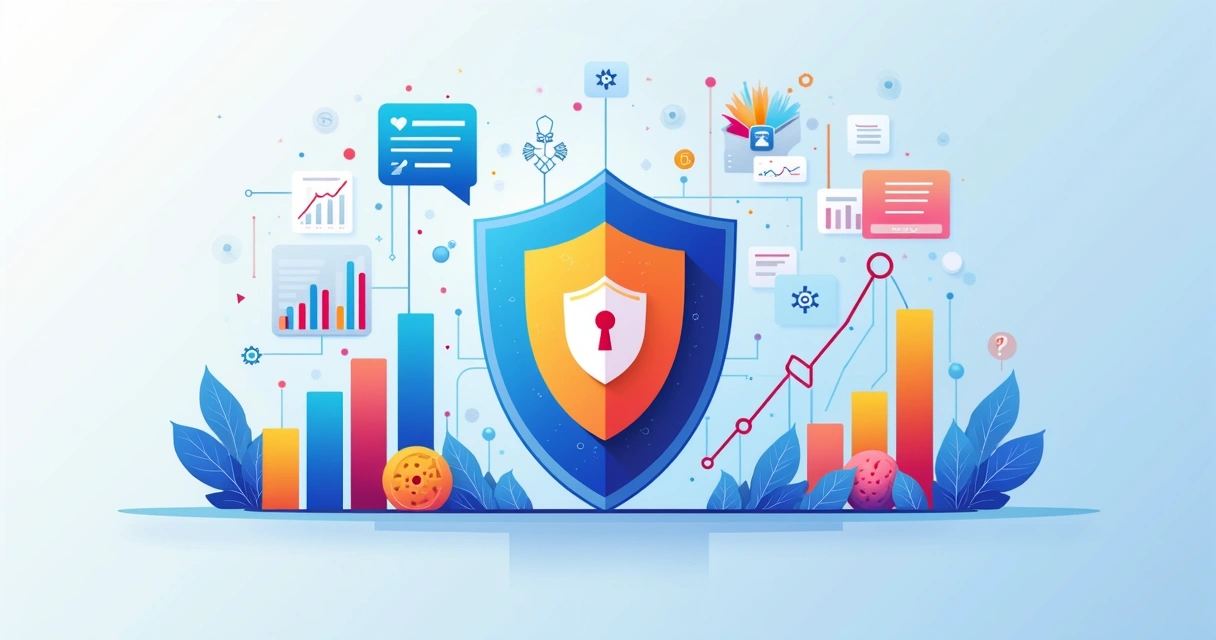 Ilustração corporativa mostrando proteção digital de marca com escudo e gráficos de análise de dados 