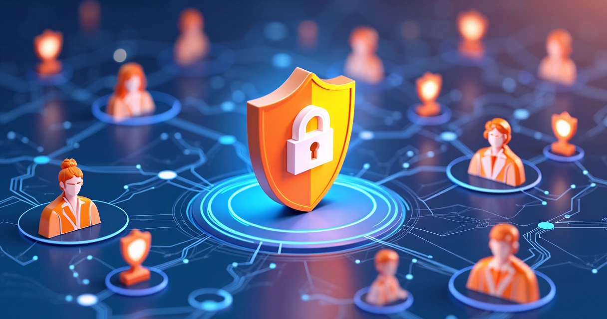 Ilustração flat corporativa de influenciadores e marcas conectados por redes digitais com escudo de segurança no centro 