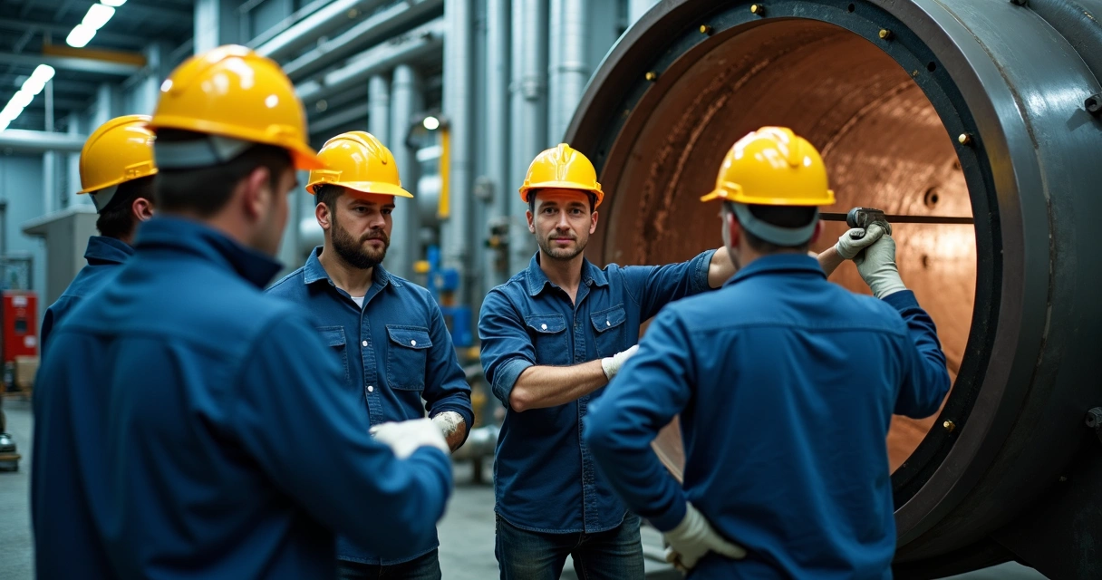 Equipe de trabalhadores realizando inspeção em caldeira com equipamentos de proteção individual em ambiente industrial 