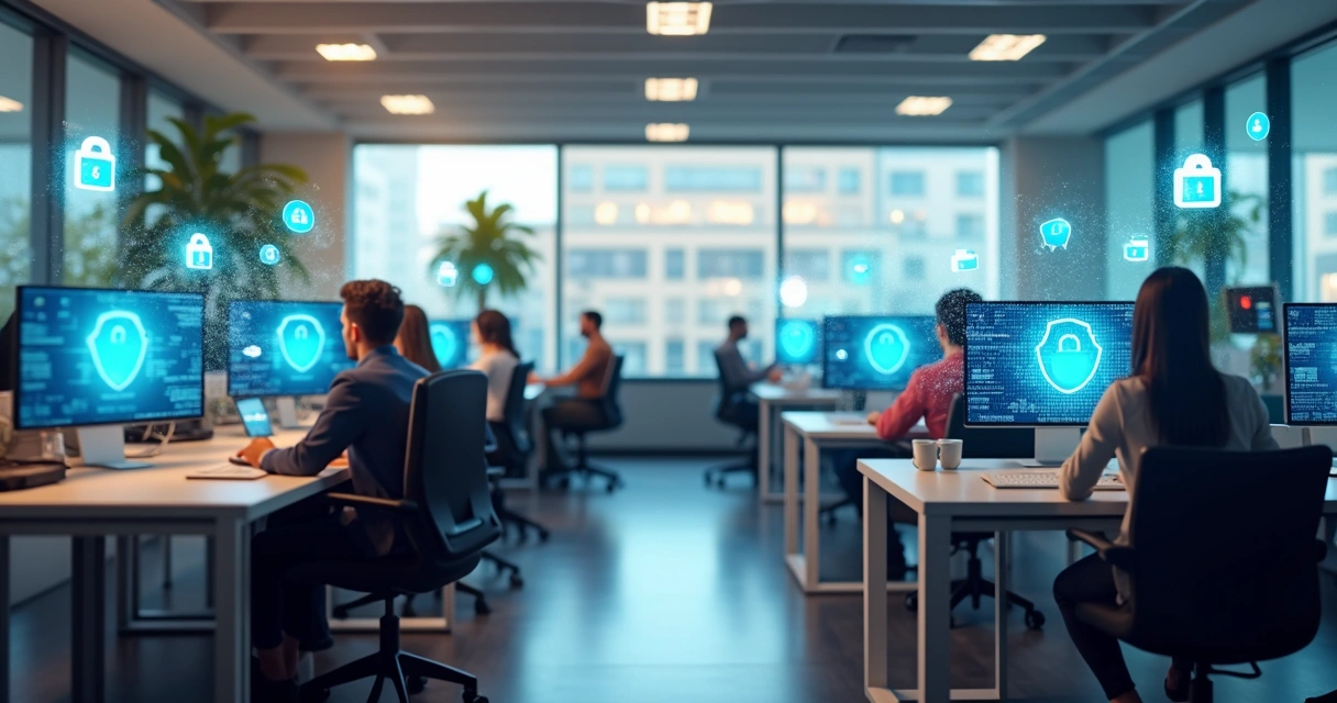 Colaboradores usando computadores protegidos por camadas de segurança digital 