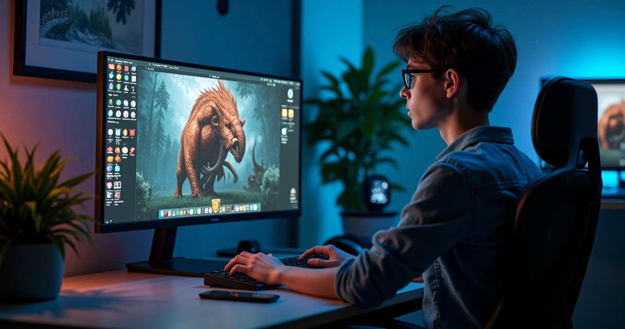 Jogador sentado em frente ao computador jogando Tibia com sinais de alerta de segurança na tela